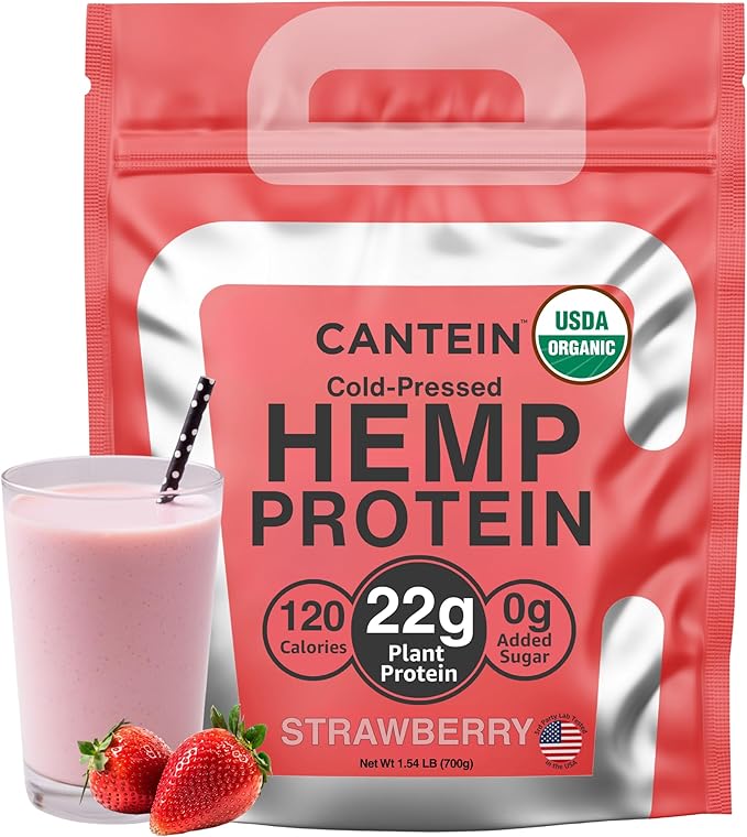 Organic Plant Based Protein Powder - 100% Hemp Protein Vegan Shake Mix - Lactose Dairy &amp Gluten Free Clean Natural Strawberry (20 Servings)