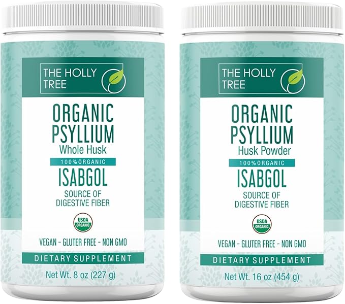 Organic Psyllium Husk Powder 16 oz &amp Whole Husk 8 oz Combo - Vegan Fiber Supplement - Digestive &amp Gut Health Support - Gluten-Free USDA Organic - Natural Cleanse &amp Detox Bundle