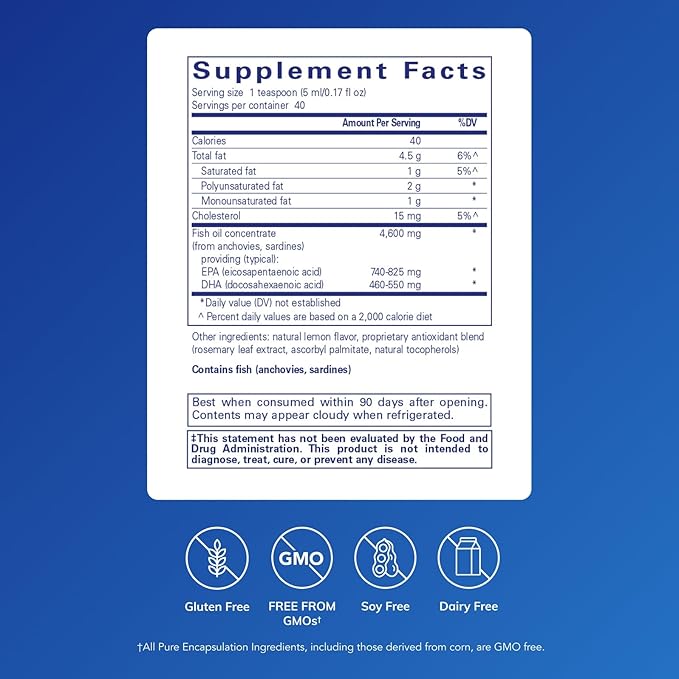 Pure Encapsulations EPA/DHA Liquid | Ultra-Pure Molecularly Distilled Fish Oil Liquid | 7 fl. oz. | Lemon Flavor