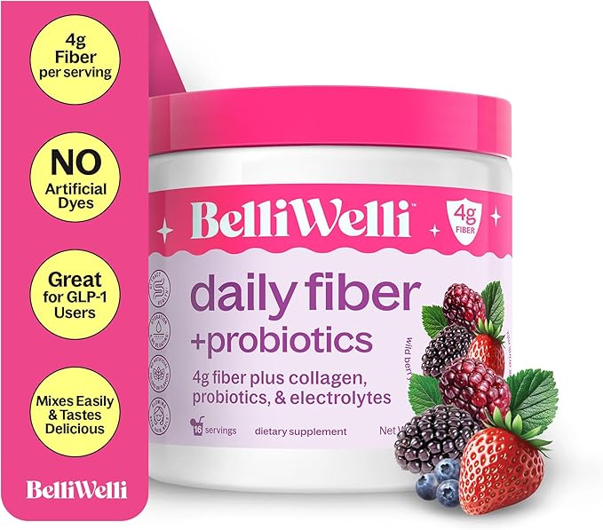 Belli Welli Daily Fiber Supplement Bundle with Collagen Probiotics &amp Electrolytes – Strawberry Lemonade &amp Wild Berry Flavors – Supports Digestion Gut Balance &amp Debloating – 32 Servings