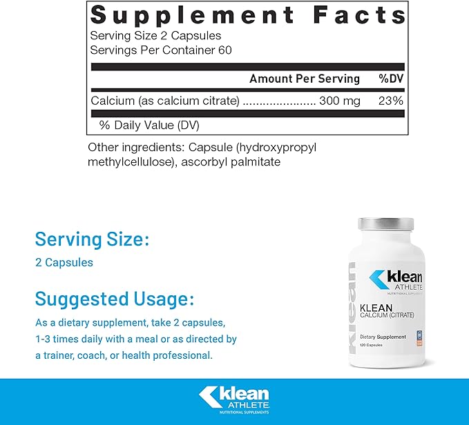 Klean ATHLETE Klean Calcium Citrate - for Bone Health &amp Density - Bone Support for Sports* - Gluten Free Vegan &amp Non-GMO - 120 Capsules