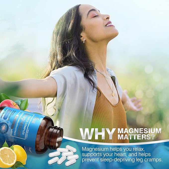 ASSR Triple Magnesium Complex – 300mg Magnesium Supplement with Glycinate Malate &amp Citrate – Supports Relaxation Muscle &amp Nerve Function – High Absorption Vegan Non-GMO 120 Capsules