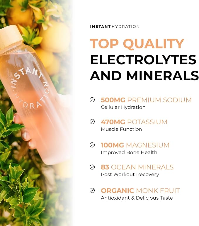 Instant Hydration Electrolytes Powder Packets - Citrus Orange Drink Mix - Zero Sugar - Keto Vegan Gluten-Free Non-GMO - Boost Recovery Brain Health Muscle &amp Tissue Support- 30 Sticks
