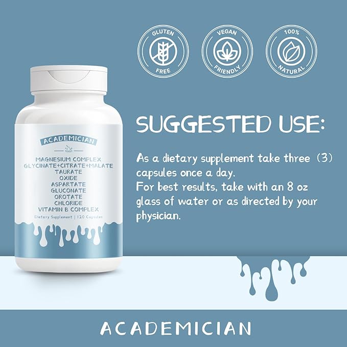Magnesium Complex Capsule with Magnesium Citrate Glycinate Malate Oxide Taurate Vitamin B Complex Supplement - 120 Count