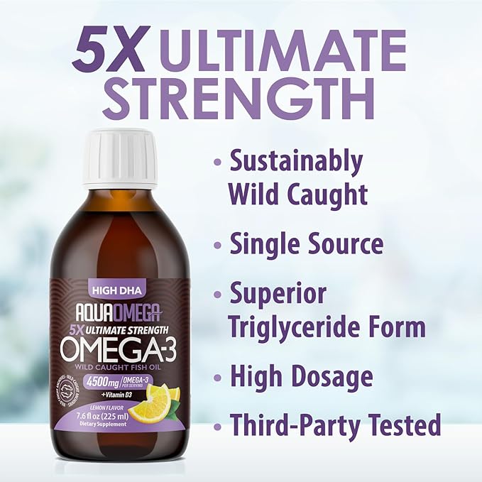 5X Ultimate Strength Omega 3 Fish Oil Liquid with Vitamin D Burpless Liquid Fish Oil Supplements with High DHA and EPA Omega 3 Fatty Acid Supplements 7.60 floz Lemon Flavor