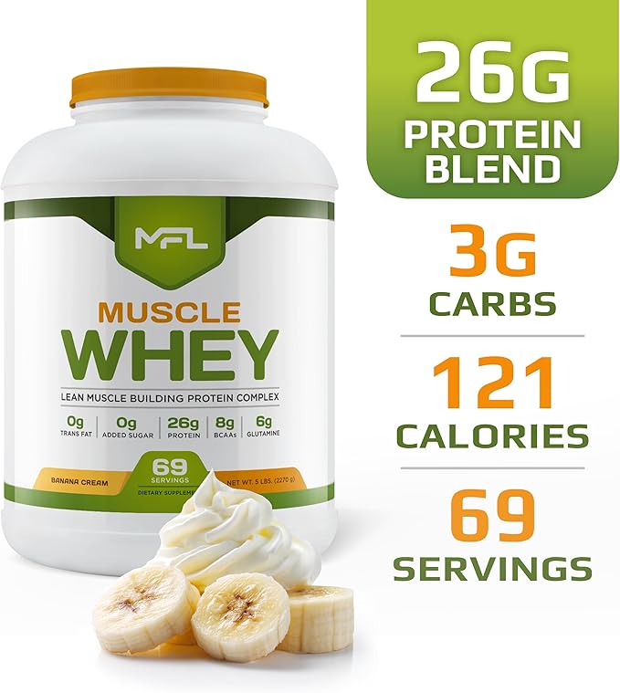MFL Muscle Whey Protein 5 lbs l 26g of Protein l 8g BCAAs l 6g Glutamine l Low Carbs l 69 Servings (Banana Cream)