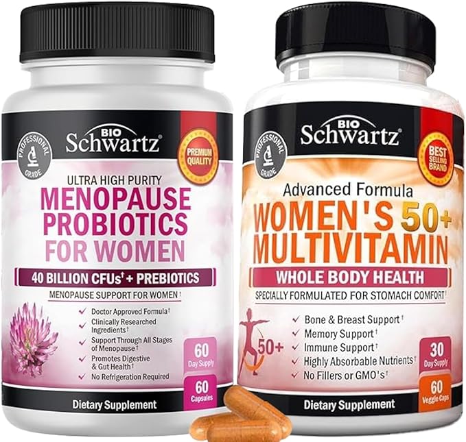 BioSchwartz Probiotic Menopause Supplement for Women (2 Month Supply) Plus Daily Multivitamin for Women 50 &amp Over (1 Month Supply)