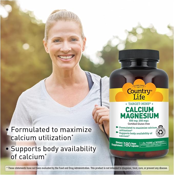 Country Life Target-Mins Calcium Magnesium Complex - 500mg Calcium 250mg Magnesium Gluten-Free Supplement for Bone Health