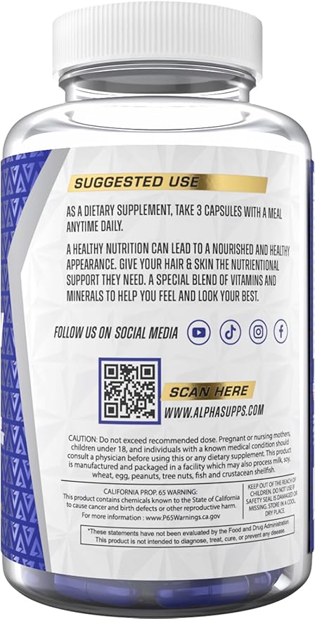 Alpha Supps Hair Skin and Nails Supplement for Women - Vibrant HSN Health and Strength with Biotin Collagen and Vitamins to Support Hair Growth Thickness and Skin Radiance - 90 Capsules