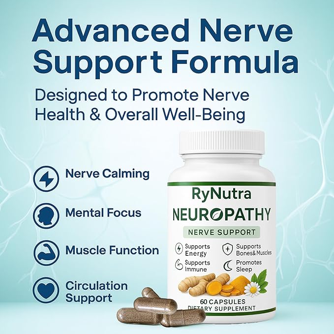 Rynutra Nerve Support Supplement Capsules for Neuropathy with CoQ10 Turmeric L-Carnitine Butcher’s Broom Alpha Lipoic Acid Enhance Nerve Calming Promote Overall Well-Being 60 Capsules