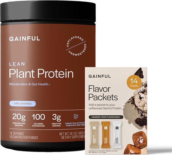 Gainful Lean Plant Protein Powder &amp Sweet Treat Flavor Bundle 20g Plant Protein Supports Lean Muscle Metabolism &amp Satiety with Green Tea Extract Vegan 14 Servings + 14 Flavor Sticks