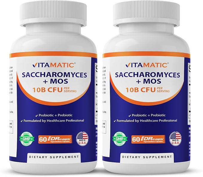 Vitamatic Saccharomyces Boulardii Probiotic 10B per Serving + Yeast Extract (MOS Yeast Fraction) 300 mg - 60 DR Capsules - Made in The USA-2 Pack