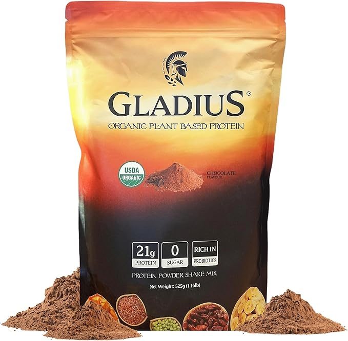 GLADIUS Organic Plant Based Protein Powder | Chocolate | 15 Servings | 21g of Protein | Plant Based | No Sugars Added | Rich in Probiotics