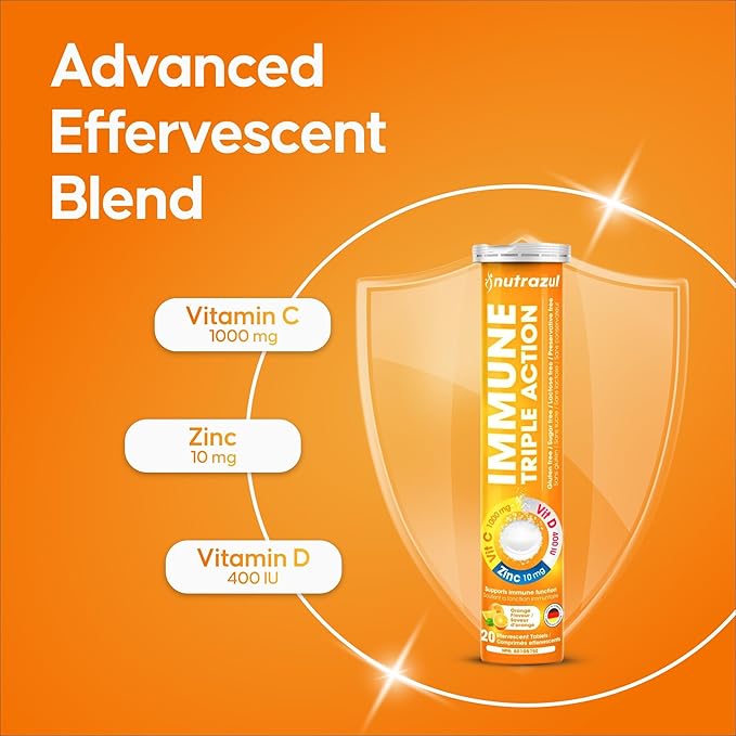 nutrazul Immune Triple Action Effervescent Tablets with Vitamin C 1000mg Vitamin D Zinc Support Daily Routine Gluten-Free Sugar-Free Lactose-Free Orange Flavor 20 Tablets (Pack of 3)