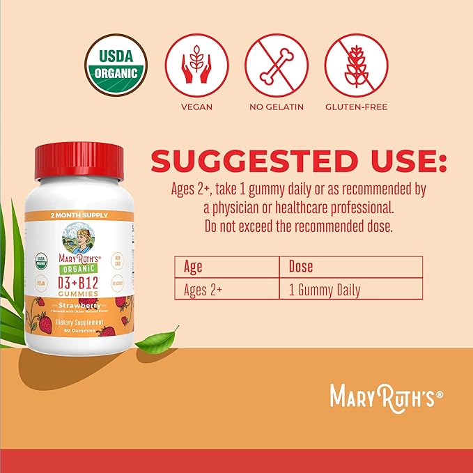 MaryRuth Organics's Vitamin D3 B12 Gummies | USDA Organic | 2 Month Supply | Vitamin D &amp B12 Vitamin Supplements for Adults &amp Kids | Bone Health | Healthy Energy Levels | Non-GMO | 60 Servings