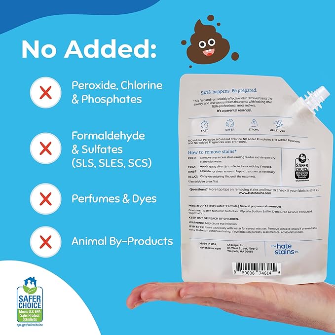 Miss Mouth’s Messy Eater Stain Treater Refill Ready Kit - 2 Pack Stain Remover Spray and 16oz Refill Pouch - Newborn &amp Baby Essentials - Food Grease Coffee Off Laundry Underwear Fabric