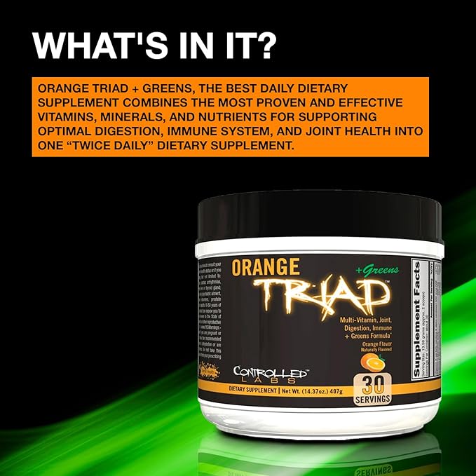 CONTROLLED LABS Orange Triad Plus Greens for Men and Women 30 Servings Iron Free Sports Supplement for Overall Health Multivitamin Digestion Immune System and Joint Health