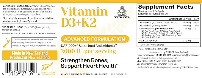 TURNER Vitamin D3 and K2 Caps High Potency D3 2000IU and K2 (MK7) 80mcg Unique VIT D3 from 100% New Zealand Sheep's Wool Lanolin. Cardiovascular Support &amp Bone Health 360 Softgels 6 Month Suppl