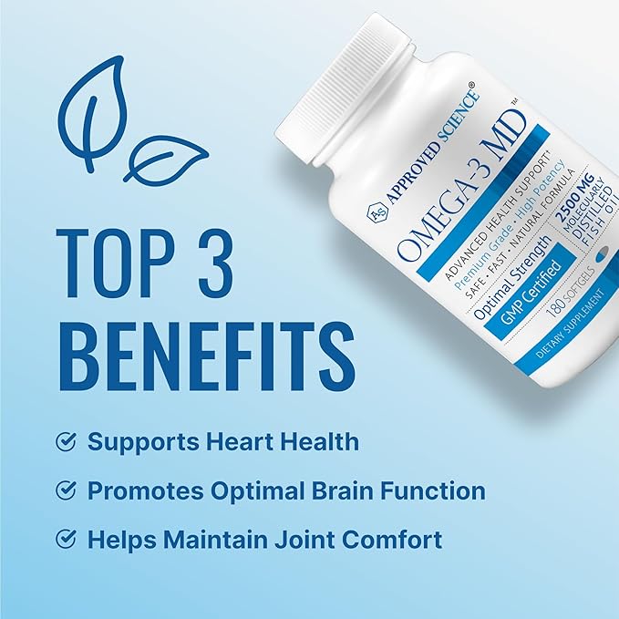 Omega-3 MD - EPA &amp DHA Supplement - 2500mg Omega 3 Fish Oil for Heart Health Brain Support Joint Comfort &amp Overall Wellness - 2 Bottles - 6 Month Supply