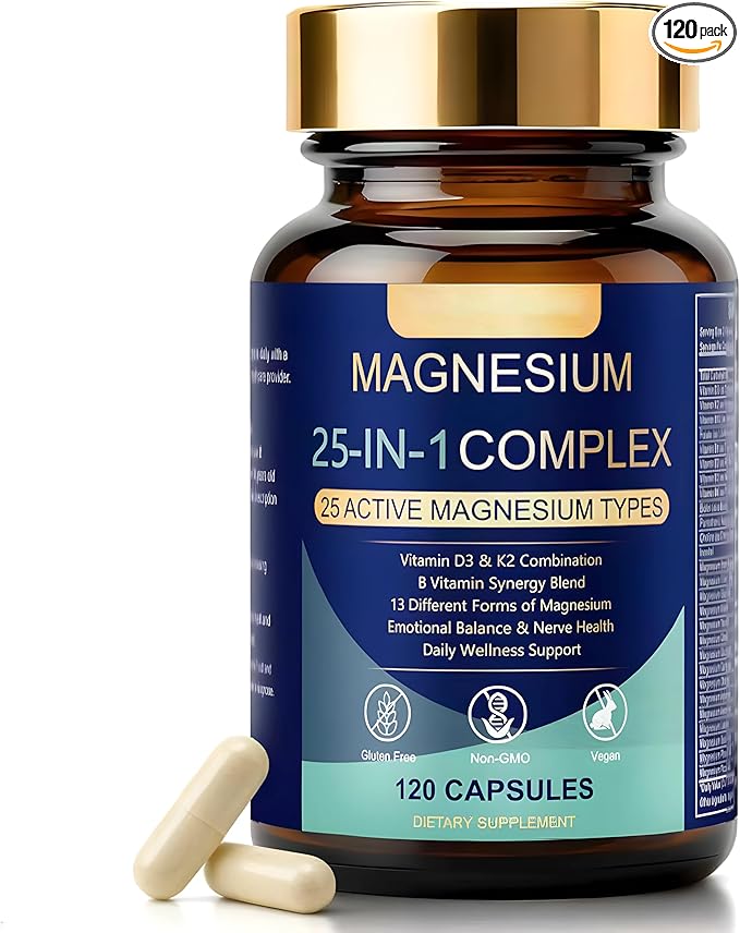 25-in-1 Magnesium Complex Supplement with Ashwagandga | High Absorption Magnesium Glycinate for Muscle Nerve &amp Sleep Support | Vegan Stress Relief &amp Energy Support Capsules for Women &amp Me