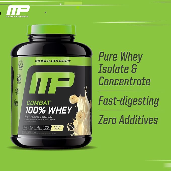 MusclePharm Combat 100% Whey Protein Powder Banana Milk Flavor Fast Recovery &amp Muscle Gain with Whey Protein Isolate High Protein Powder for Women &amp Men Gluten Free 5 lb 70 Servings