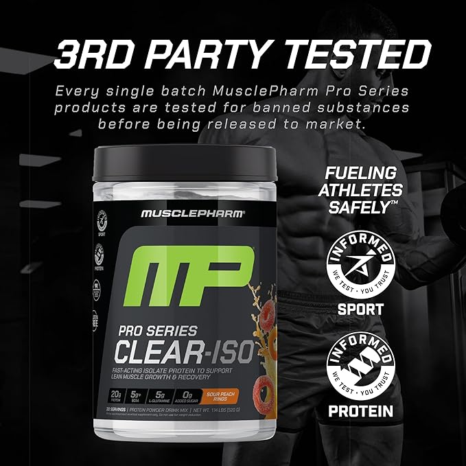 MusclePharm Pro Series Clear-ISO Clear Protein Powder 20g Fast-Acting Whey Isolate per Serving Plus BCAAs &amp L Glutamine | Pro-Grade Muscle Recovery &amp Growth | Sour Peach Rings 1.14 lb 20 S