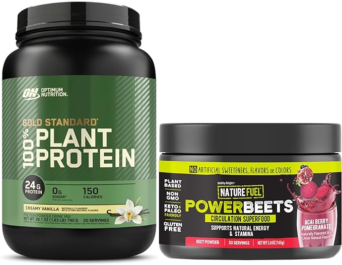 Optimum Nutrition Gold Standard 100% Plant Based Protein Powder Creamy Vanilla 20 Servings + Healthy Delights Nature Fuel Power Beets Powder Acai Berry Pomegranate 30 Servings (Packaging May Vary)