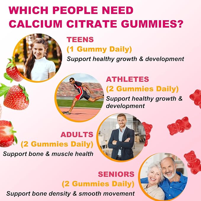 180 Count Calcium Citrate Gummies - 1200mg Calcium Gummies with Magnesium &amp 4 Essential Vitamins Support Bone Muscle Teeth Immunity Calcium Supplements for Women &amp Men Strawberry Flavor
