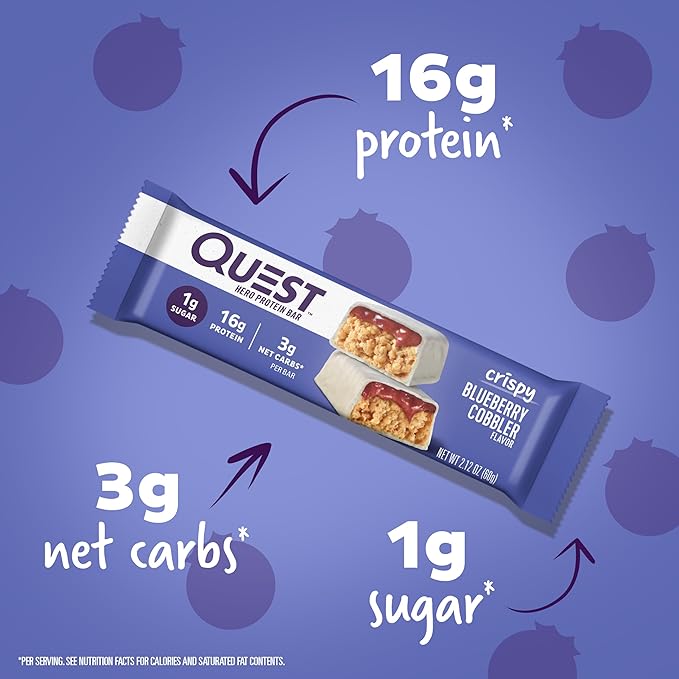 Quest Nutrition Crispy Blueberry Cobbler Hero Protein Bar 16g Protein 1g Sugar 3g &amp White Chocolate Raspberry Protein Bars High Protein Low Carb Gluten Free