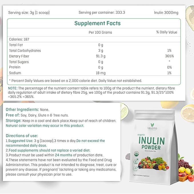 Organic Inulin Powder – Prebiotic Fiber Supplement for Smoothies &amp Drinks 2.2 lb Flavorless Water Soluble Vegan &amp Non-GMO