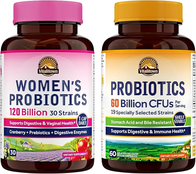 Vitalitown Probiotic Bundle (Pack of 2) | Women’s Probiotics 120 Billion (Item 1) &amp Probiotics 60 Billion (Item 2) | Shelf Stable | Digestive &amp Women’s Health | 30 Servings Each
