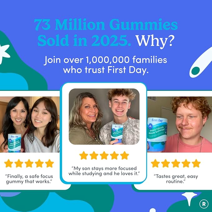 FIRST DAY Teen Brain &amp Focus Supplement Gummies Ages 13–18 | Study &amp Concentration Support with Cognizin® Citicoline &amp Phosphatidylserine | Vegan Non-GMO Caffeine-Free | 30-Day Supply