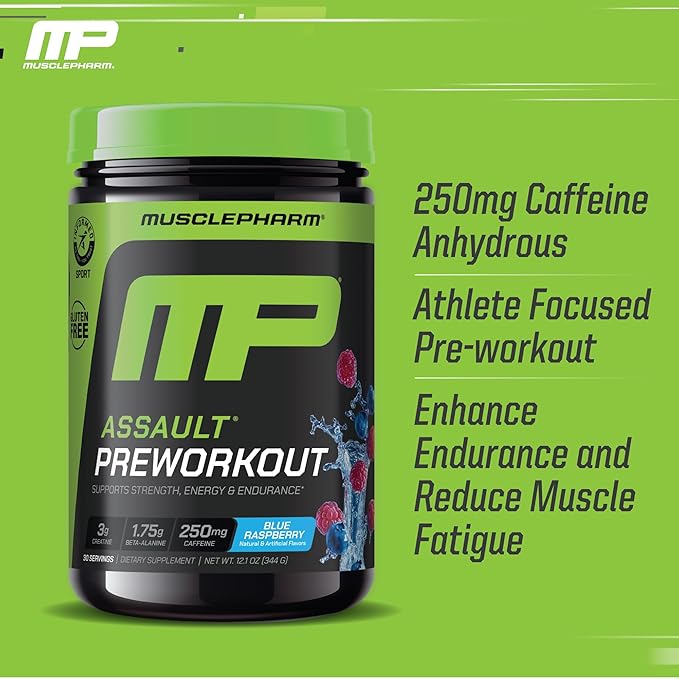Muscle Pharm Combat 4lb Chocolate Protein and MusclePharm Assault Blue Raspberry Pre-Workout