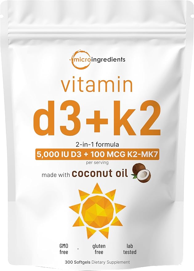 Micro Ingredients Vitamin D3 5000 IU + K2 MK-7 100 mcg 300 Softgels | Virgin Coconut Oil | 2-in-1 Support | Easy to Swallow Non-GMO