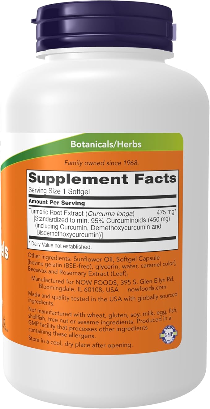 NOW Supplements Tumeric Curcumin (Curcuma longa) Gels Standardized Extract Herbal Supplement with 95% Curcuminoids 120 Softgels
