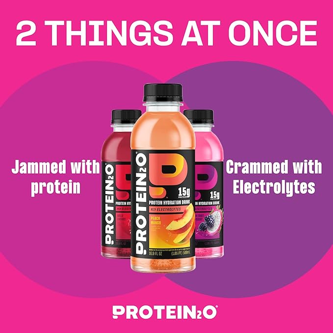 Protein2o Hydration Drink - 2-in-1 Liquid Clear Whey Protein Isolate and Electrolyte Drink - 15g Protein Vitamins B5 B6 - Post-Workout Recovery - 16.9 Fl Oz - Flavor Fusion Variety(Pack of 24)