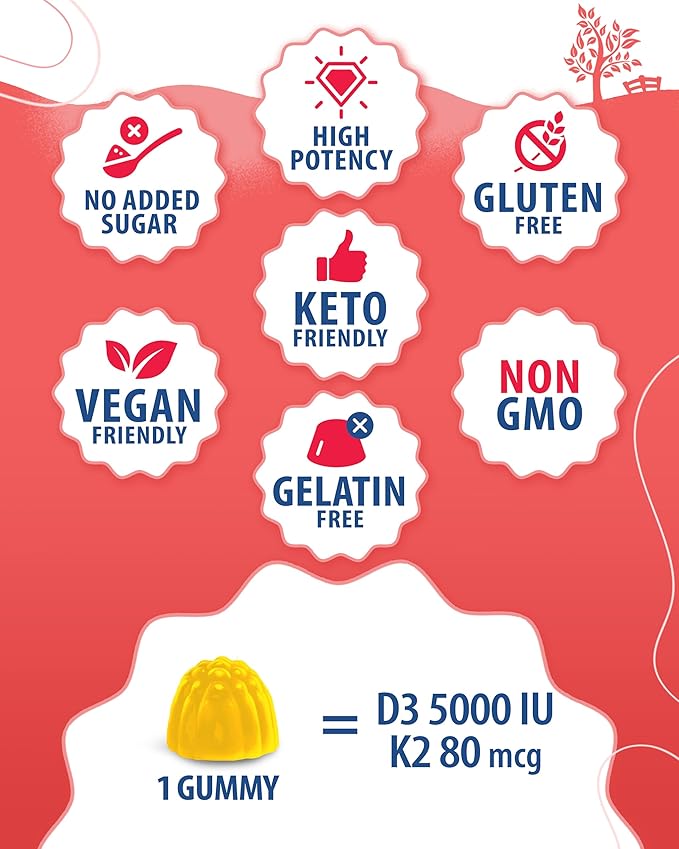 SUNNY SAM Vitamin D3 K2 Gummies 5000 IU - Immune &amp Bone Support - Sugar-Free &amp Zinc Gummies for Kids &amp Adults