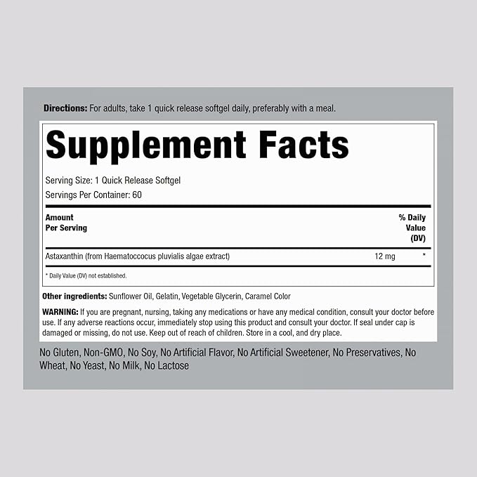 Piping Rock Astaxanthin 12mg | 60 Quick Release Softgels | Extract Supplement | Gluten Free Non-GMO