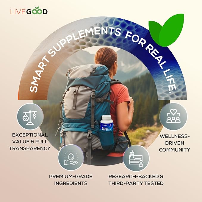 LiveGood Osteo Complete Bone and Joint Support with Highly Absorbable Calcium Glucosamine Eggshell Membrane Boron and Silica for Bone Density Flexibility and Mobility (90 Capsules)