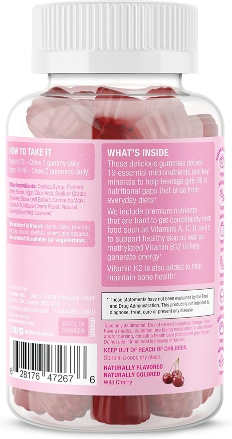 SUKU Teen Girl Multivitamin Gummies – Vitamins A B12 C D3 E Biotin &amp Zinc – Sugar-Free Vegetarian Supplement for Skin Energy Immune &amp Bone Health – Cherry Flavor – 60 Count