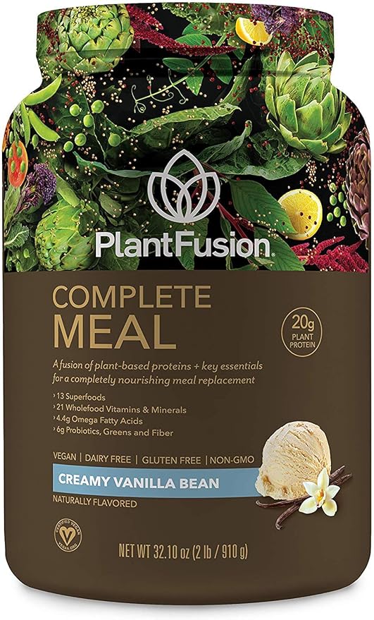 PlantFusion Complete Meal Replacement Shake - Plant Based Protein Powder with Superfoods Greens &amp Probiotics - Vegan Gluten Free Soy Free Non-Dairy No Sugar Non-GMO - Vanilla 2 lb