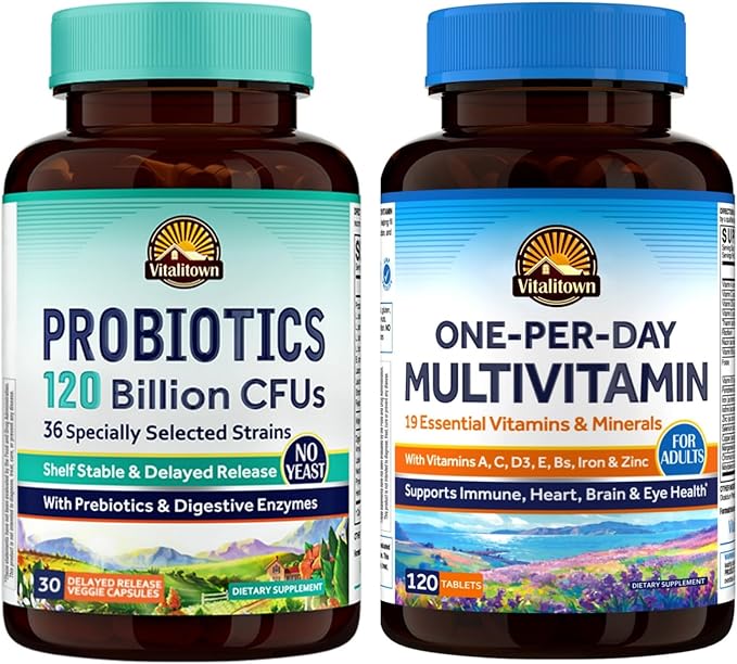 Vitalitown Probiotics &amp Daily Multivitamin Bundle (Pack of 2) | Probiotics 120 Billion CFUs (Item 1) &amp Multivitamin with Iron Zinc (Item 2)