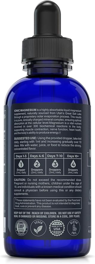 Ionic Magnesium Drops 440 mg- 4oz (48 Servings) Solar-Evaporated Concentrate from Utah’s Great Salt Lake | Liquid Magnesium Supplement for Vitality &amp Hydration Support - Muscle Bone &amp Nerve F