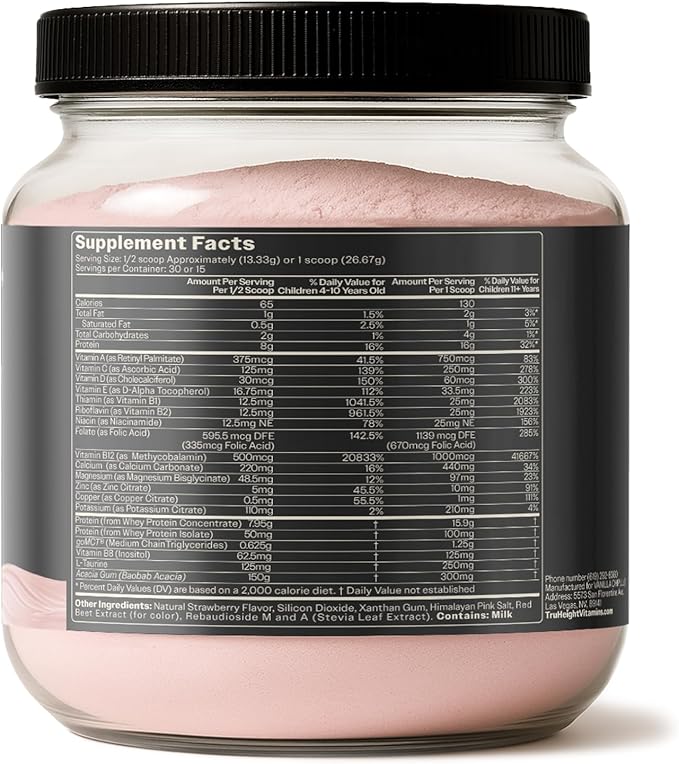 TruHeight Growth Protein Shake (Strawberry Milk Flavor Whey) Growth &amp Development Protein Powder for Kids &amp Teens - Pediatric Weight Gain Drinks - Picky Eater Vitamin Ages 4+
