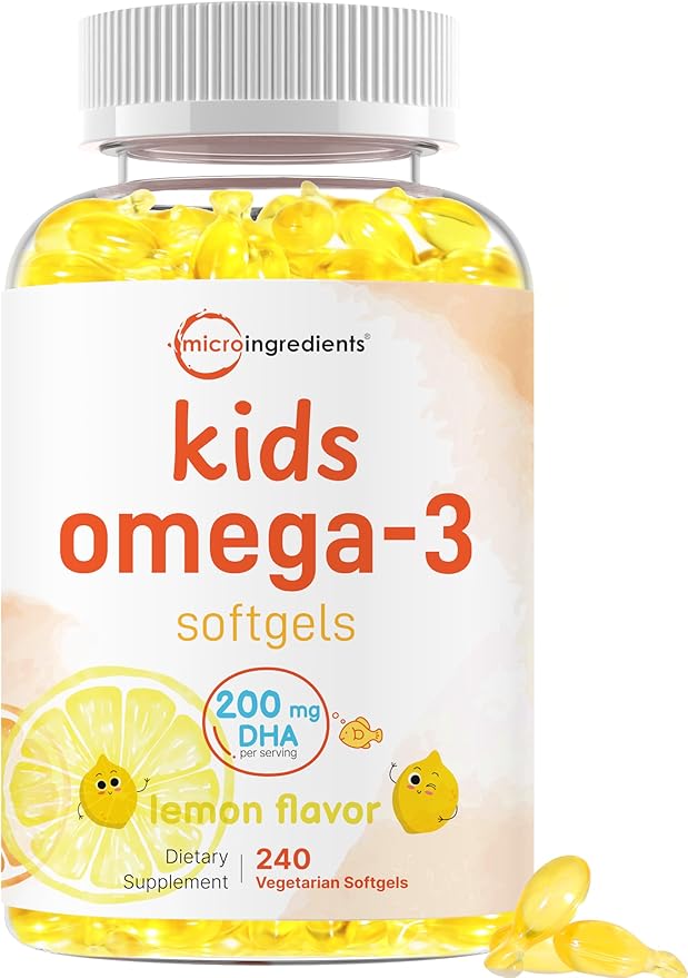 Micro Ingredients Kids Omega-3 Fish Oil 240 Veggie Softgels | Vegan Omega 3 with 200mg DHA | Lemon Flavored | Fish Oil Alternative from Algae Oil | No Fishy Smell or Aftertaste