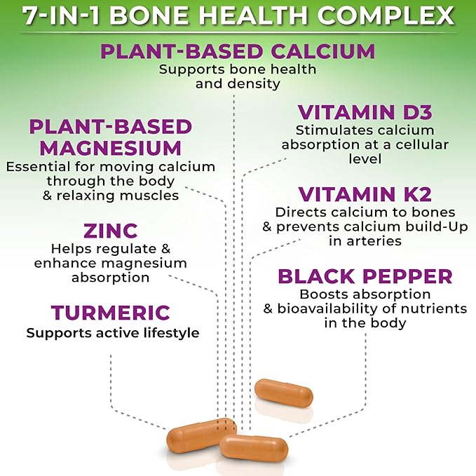 Plant-Based Calcium 500mg (Aquamin) – Vegan Calcium Magnesium Zinc D3 with Vitamin K2 &amp Organic Turmeric – Enhanced Bone and Muscle Health &amp Strength Immune Support for Women &amp Men - 180