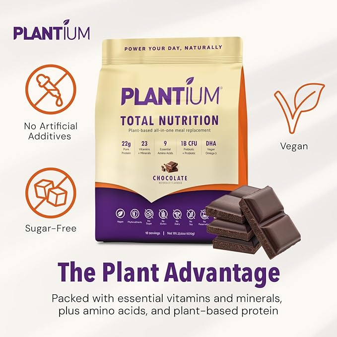 Plantium Total Nutrition Premium All-In-One Meal Replacement Shake Plant-Based Protein Powder with Vitamins Minerals &amp Probiotics 22g Protein per Serving Chocolate