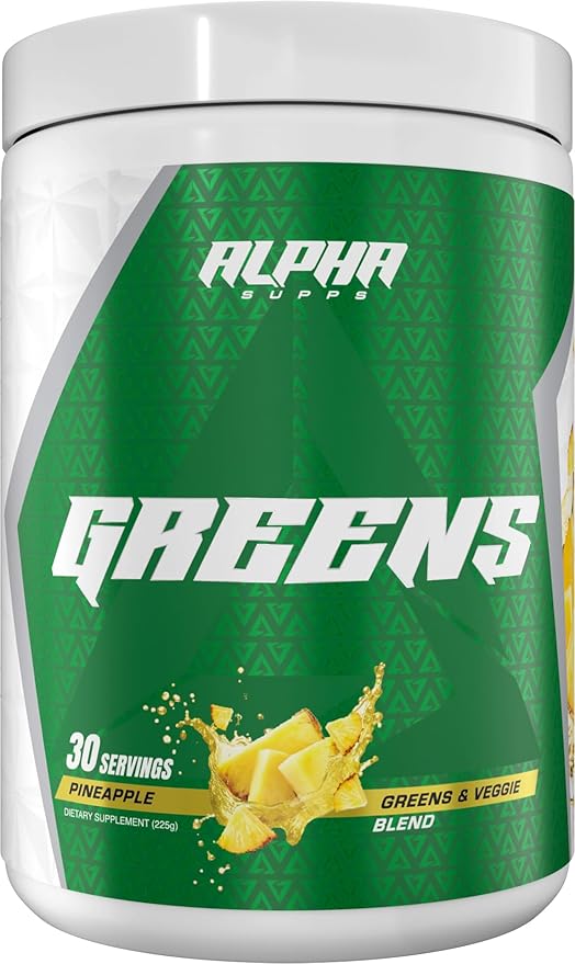 Alpha Supps - Alpha Greens Supplement | Fruit &amp Vegetable Superfood Powder | Over 40 Natural Plant Based Ingredients | Prebiotic &amp Probiotic Digestive Support Blend - 30 Servings (Pineapple)