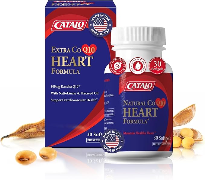 CATALO Extra CoQ10 Formula - 100mg Coenzyme Q10 Flaxseed Oil Fermented Soybean Extract 60 Softgels Gluten-Free