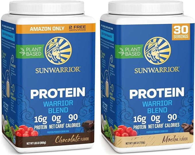Sunwarrior Mocha &amp Chocolate Organic Plant Based Protein Powder Set | Bundle &amp Save | Vegan Organic Protein Powder | Non-GMO Soy Dairy Filler &amp Gluten Free (32 Servings Chocolate 30 Servi